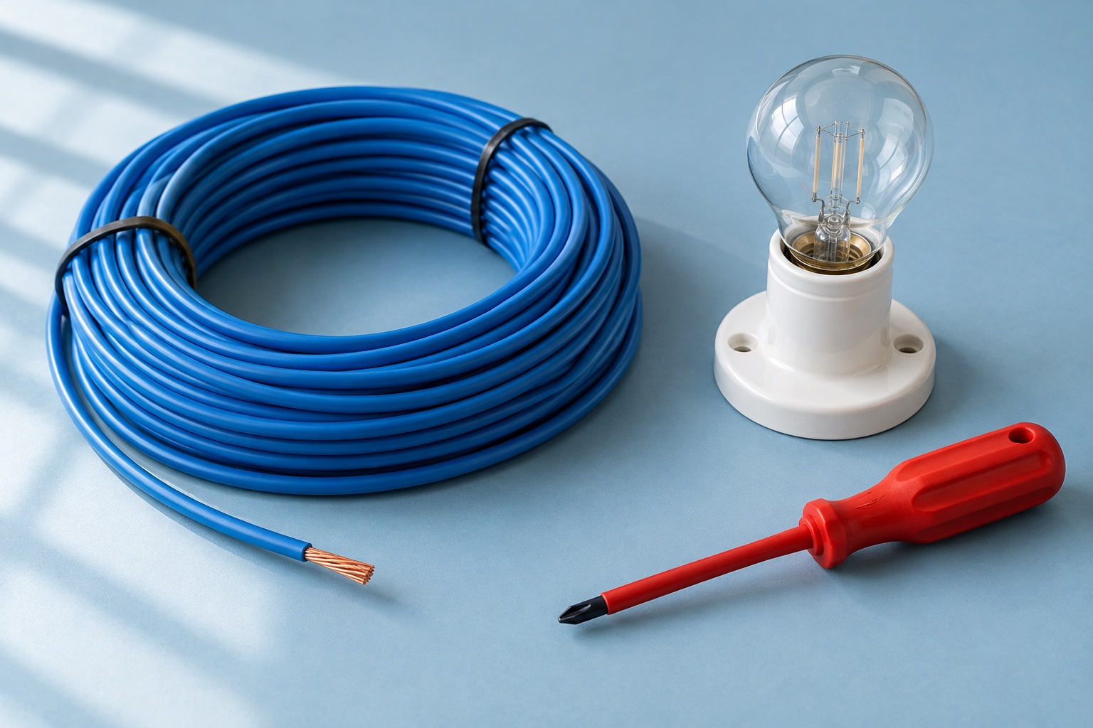 Illustrative still life of blue cable, a bulb in a white holder and a red screwdriver